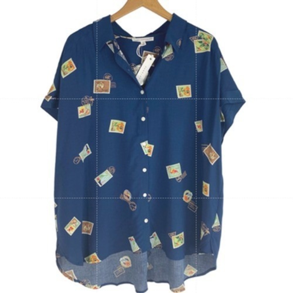 Jane + Delancey Tropical Hawaiian Postage Stamp Button Up Shirt Women 1X Blue